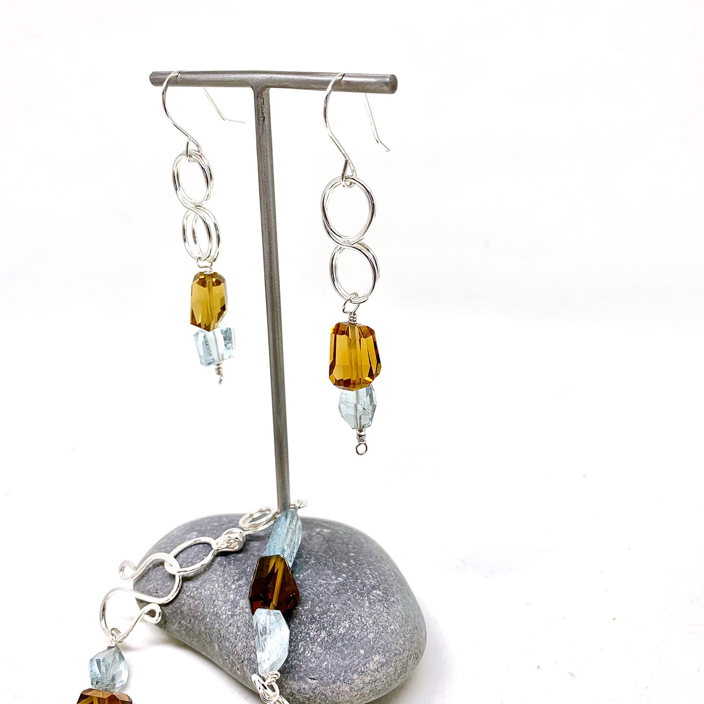 STERLING SILVER AQUAMARINE COGNAC QUARTZ NECKLACE - EARTH AND SEA TALISMAN