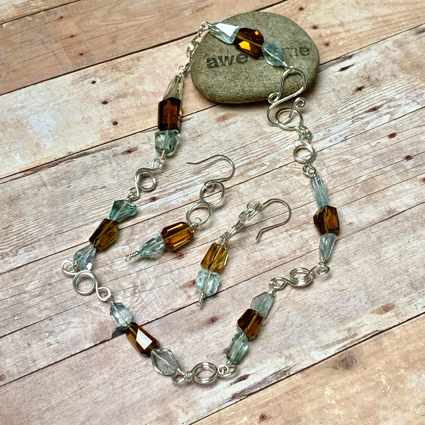 STERLING SILVER AQUAMARINE COGNAC QUARTZ NECKLACE - EARTH AND SEA TALISMAN