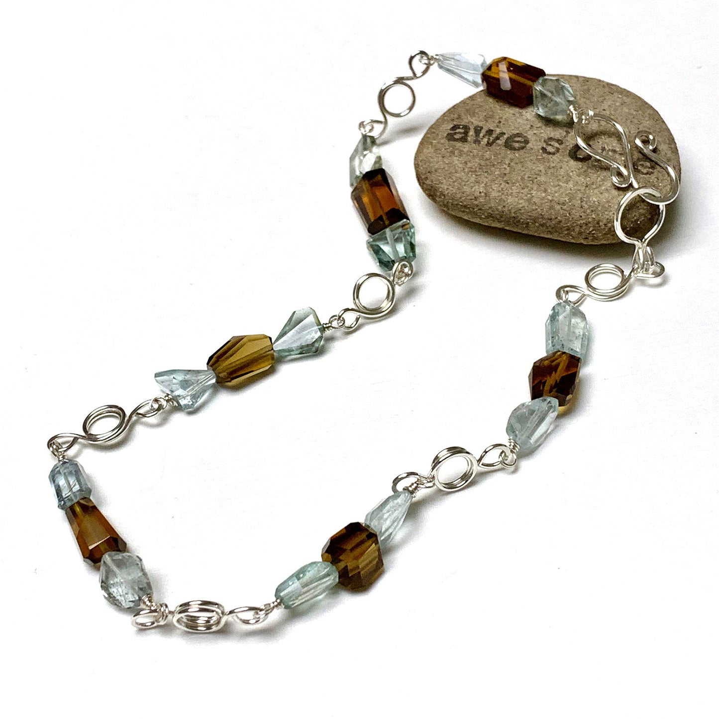 STERLING SILVER AQUAMARINE COGNAC QUARTZ NECKLACE - EARTH AND SEA TALISMAN