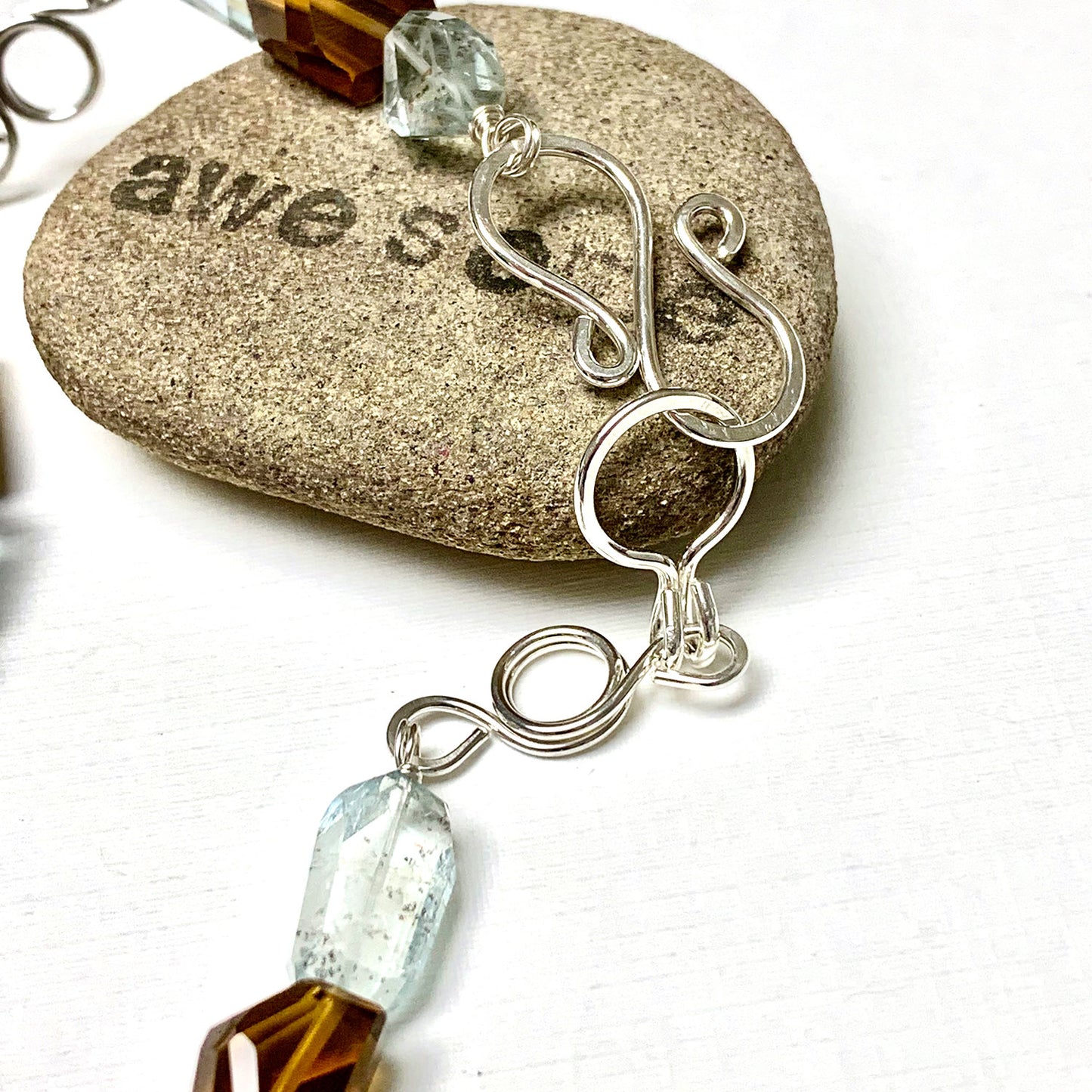 STERLING SILVER AQUAMARINE COGNAC QUARTZ NECKLACE - EARTH AND SEA TALISMAN