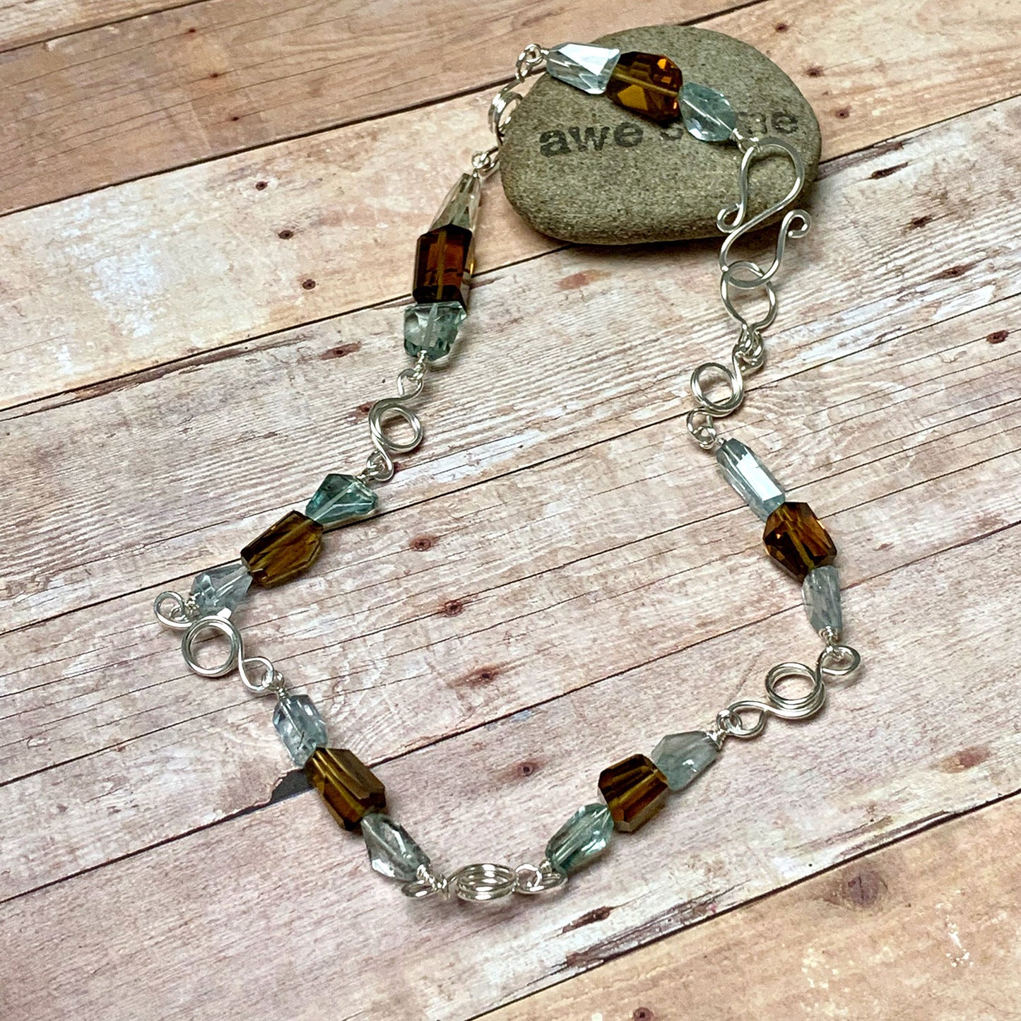 STERLING SILVER AQUAMARINE COGNAC QUARTZ NECKLACE - EARTH AND SEA TALISMAN