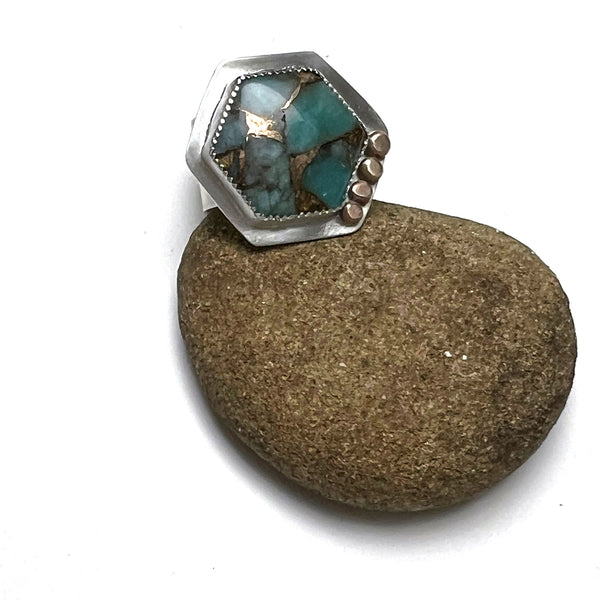 STERLING SILVER PERUVIAN AMAZONITE BRONZE RING - SOUL SOOTHING TALISMAN