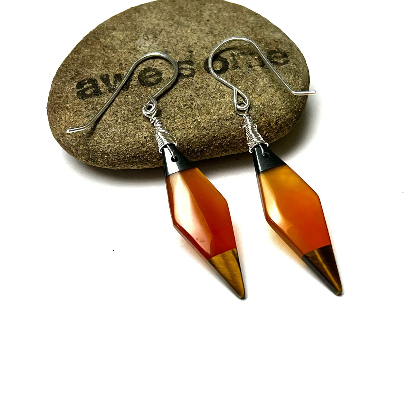 STERLING SILVER HEMATITE CARNELIAN TIGER EYE INTARSIA EARRINGS - COURAGE TALISMAN