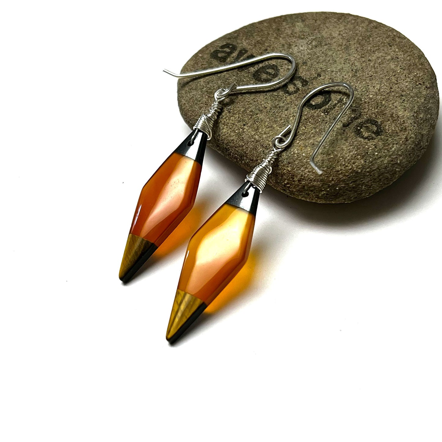 STERLING SILVER HEMATITE CARNELIAN TIGER EYE INTARSIA EARRINGS - COURAGE TALISMAN