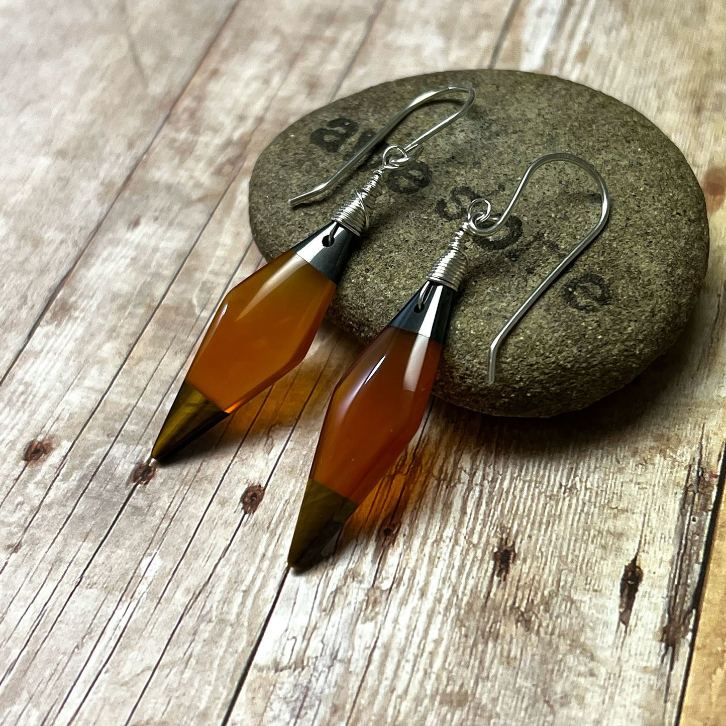 STERLING SILVER HEMATITE CARNELIAN TIGER EYE INTARSIA EARRINGS - COURAGE TALISMAN