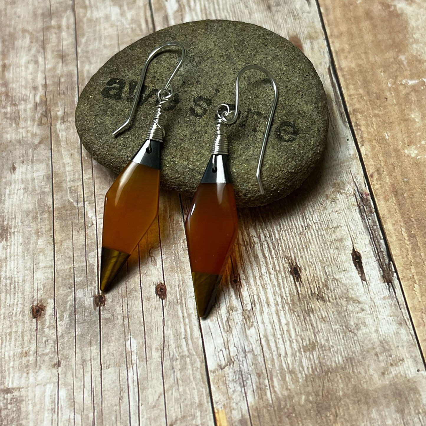 STERLING SILVER HEMATITE CARNELIAN TIGER EYE INTARSIA EARRINGS - COURAGE TALISMAN