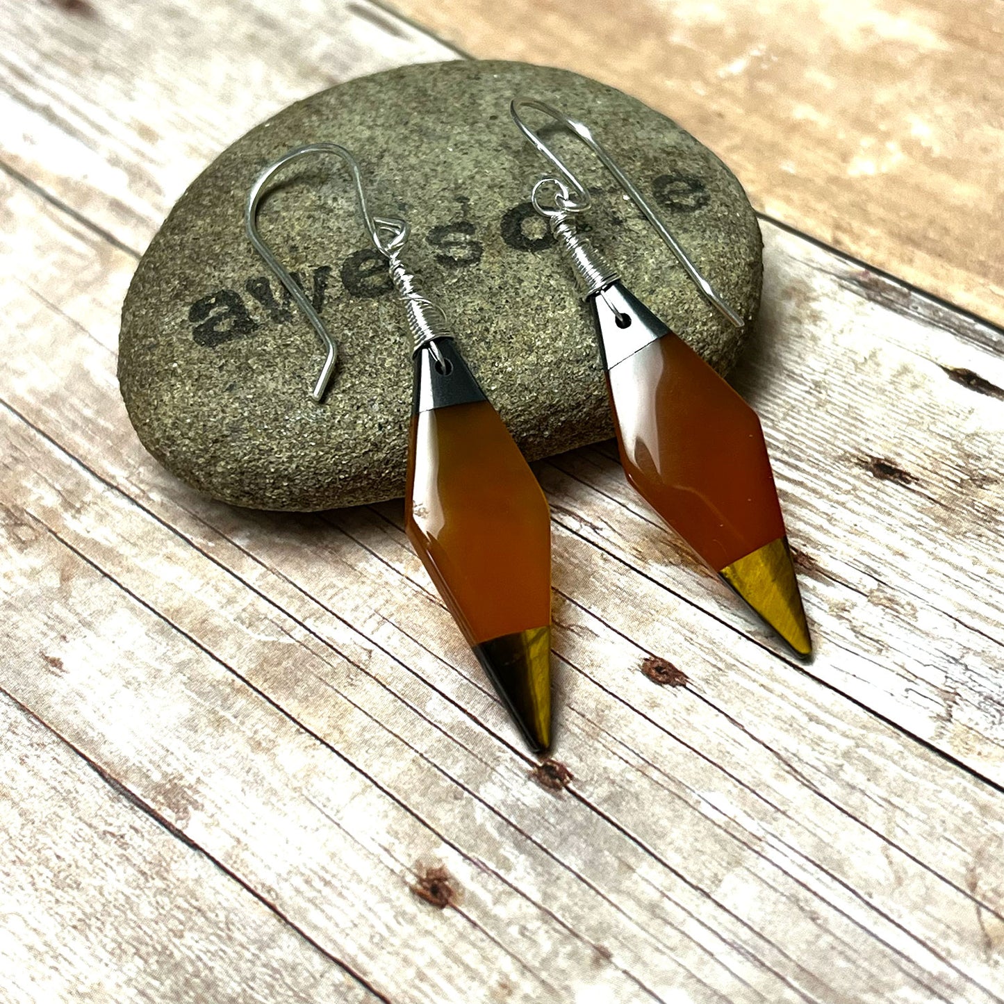 STERLING SILVER HEMATITE CARNELIAN TIGER EYE INTARSIA EARRINGS - COURAGE TALISMAN