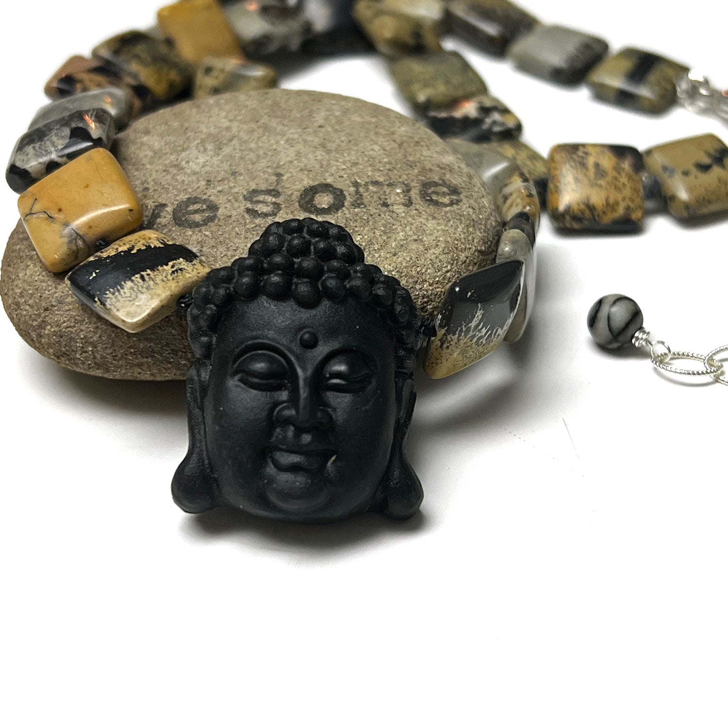 STERLING SILVER OBSIDIAN CARVED BUDDHA NECKLACE - LIGHT INTO DARKNESS TALISMAN