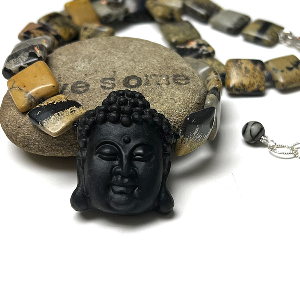 STERLING SILVER OBSIDIAN CARVED BUDDHA NECKLACE - LIGHT INTO DARKNESS TALISMAN