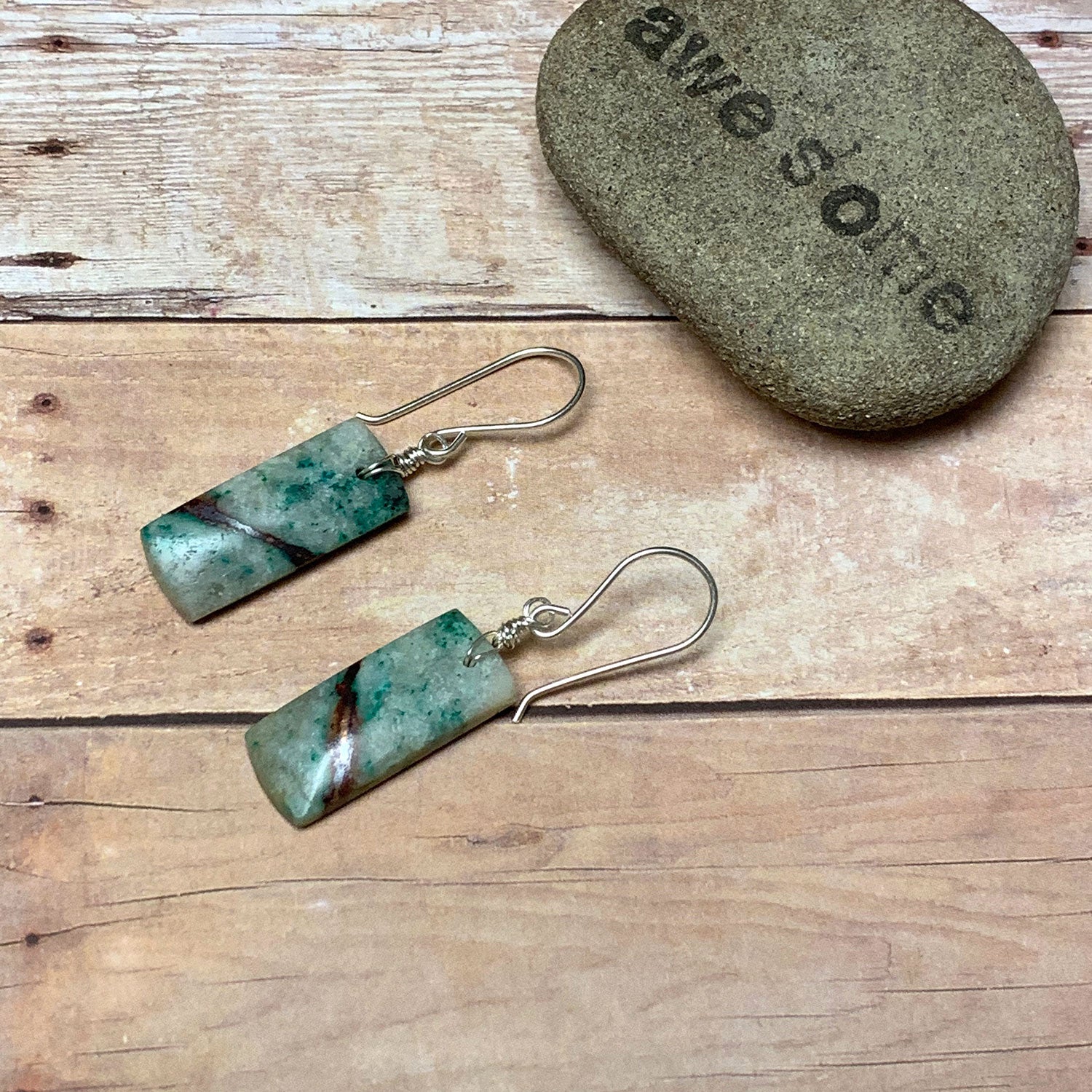 STERLING SILVER CHRYSOCOLLA IN COPPER RECTANGLE EARRINGS - GO GENTLY TALISMAN