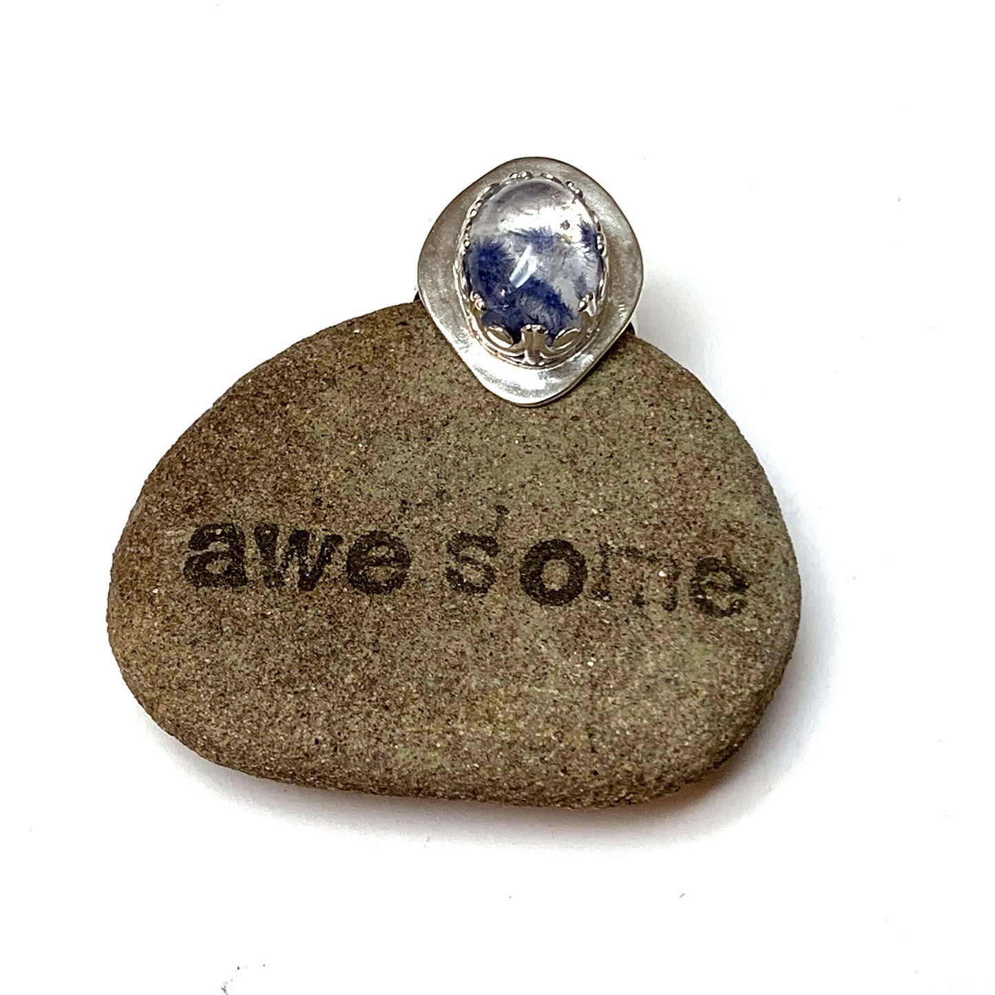 STERLING SILVER DUMORTIERITE IN QUARTZ BEZEL RING - STAND UP TALISMAN