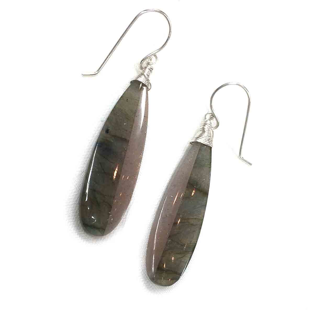 STERLING SILVER LABRADORITE SUNSTONE INTARSIA LONG DROP EARRINGS - ORIGINALITY TALISMAN