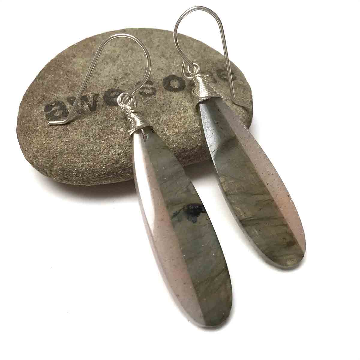 STERLING SILVER LABRADORITE SUNSTONE INTARSIA LONG DROP EARRINGS - ORIGINALITY TALISMAN