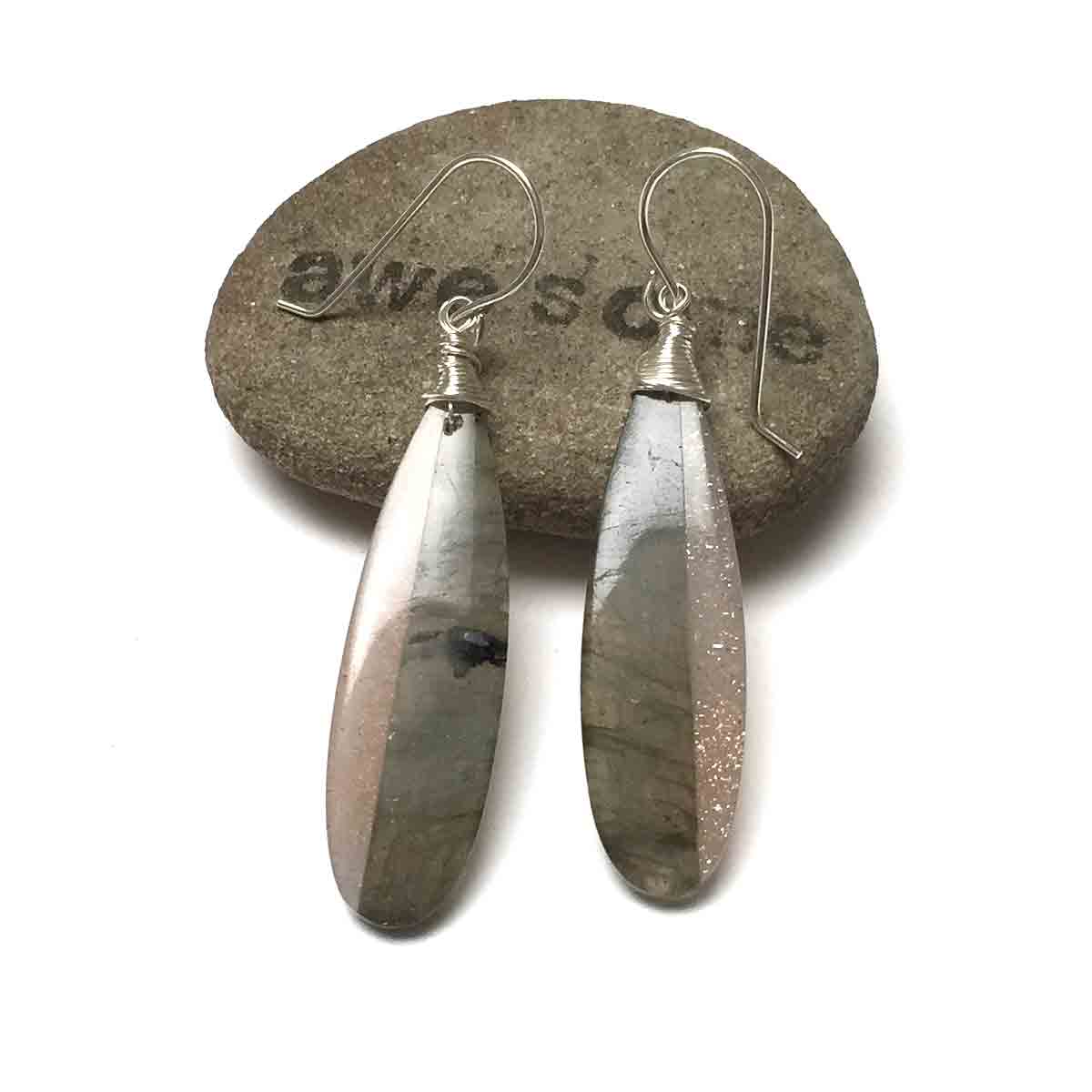 STERLING SILVER LABRADORITE SUNSTONE INTARSIA LONG DROP EARRINGS - ORIGINALITY TALISMAN