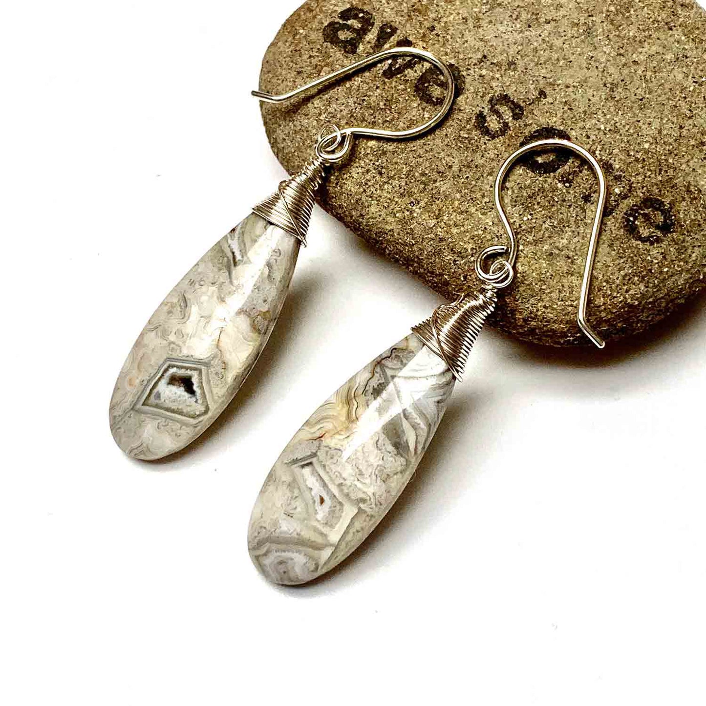 STERLING SILVER LAGUNA LACE AGATE EARRINGS - ZEST FOR LIFE TALISMAN