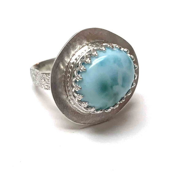 STERLING SILVER LARIMAR BEZEL RING - A BALANCE OF FIRE AND WATER TALISMAN