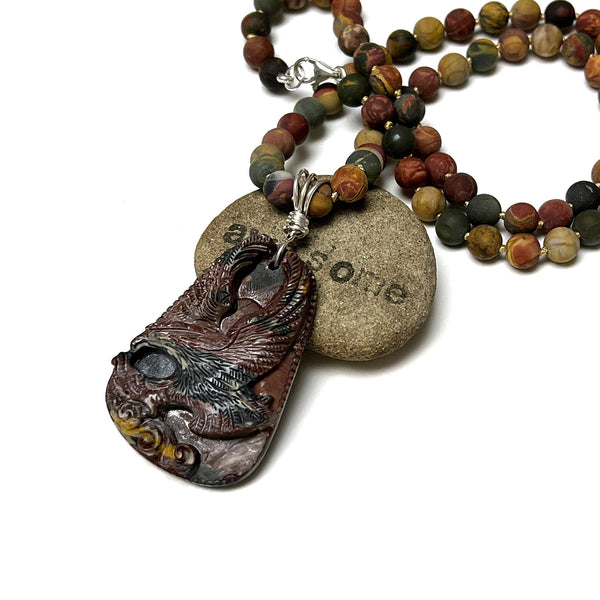 STERLING SILVER CARVED PICASSO JASPER EAGLE NECKLACE - VISIONARY TALISMAN