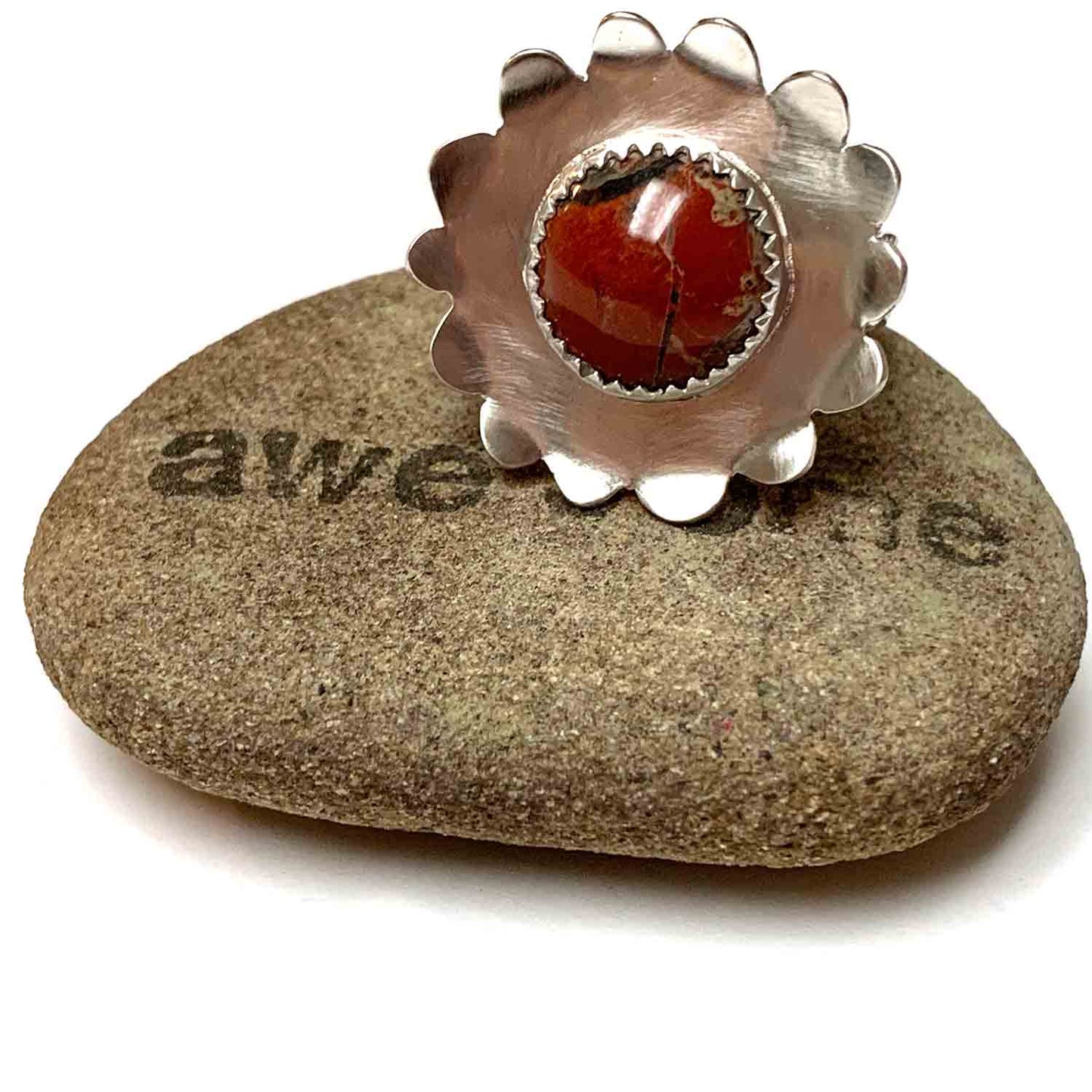 STERLING SILVER RED JASPER FLOWER RING - MOTHER EARTH TALISMAN