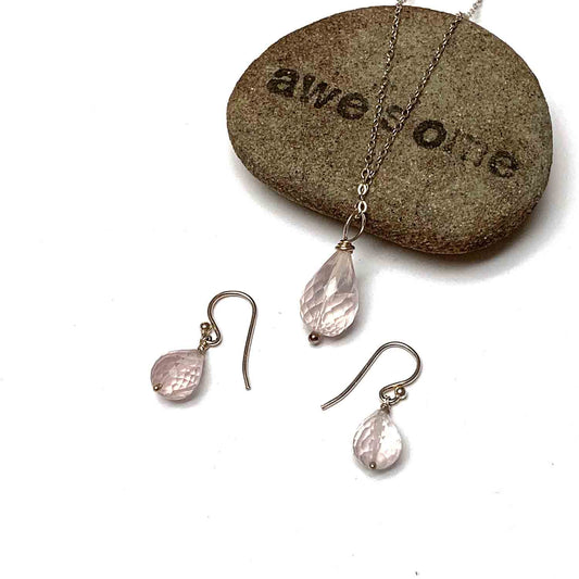 STERLING SILVER ROSE QUARTZ BRIOLETTE NECKLACE EARRINGS - OPEN YOUR HEART TALISMAN