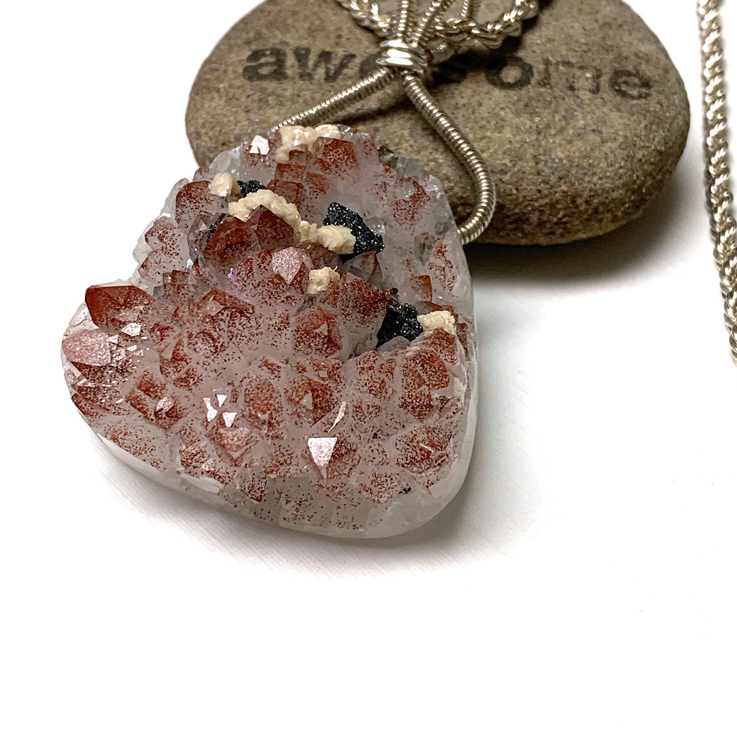 STERLING SILVER ROSE QUARTZ DRUZY WITH PYRITE NECKLACE - OPEN YOUR HEART TALISMAN
