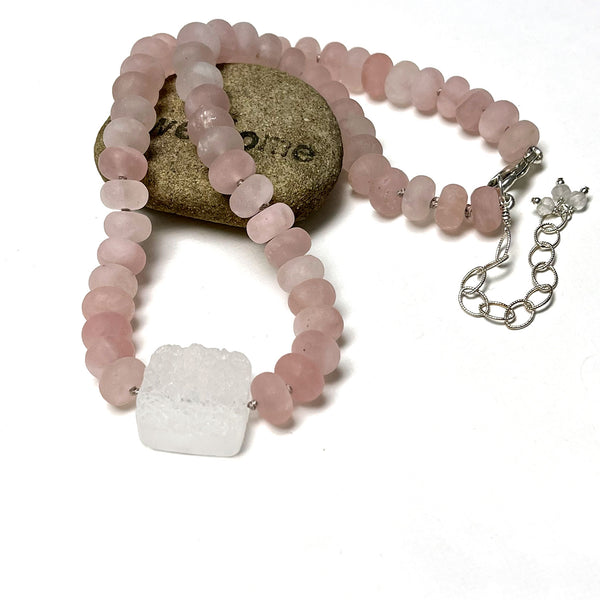 HAND SILK KNOTTED MATTE ROSE QUARTZ WITH DRUZY NECKLACE - OPEN YOUR HEART TALISMAN