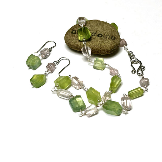 STERLING SILVER ROSE QUARTZ PREHNITE JEWELRY SET  - HEAL THYSELF TALISMAN