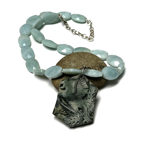 STERLING SILVER SILK KNOTTED AMAZONITE PHOENIX NECKLACE - A TALISMAN OF REBIRTH