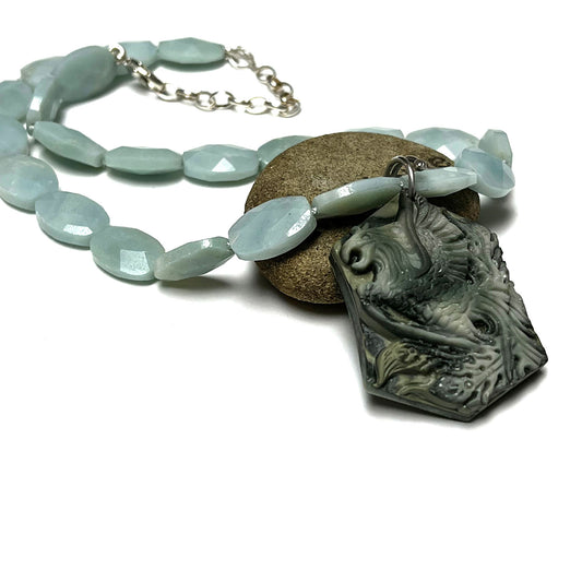 STERLING SILVER SILK KNOTTED AMAZONITE PHOENIX NECKLACE - A TALISMAN OF REBIRTH